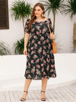 Women Plus Size Puff Sleeve Floral Print Flare Dress