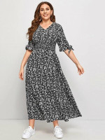 Women Plus Size Knotted Cuff Shirred Waist Ditsy Floral Dress