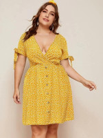 Women Plus Size Button Front Knotted Cuff Ditsy Floral Dress