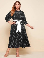 Women Plus Size Polka Dot Self Belted Dress