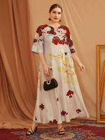 Women Plus Size Notch Neck Crane & Auspicious Cloud Print Dress
