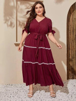 Women Plus Size Knotted Cuff Guipure Lace Panel Belted Maxi Dress