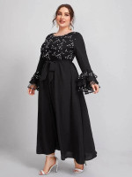 Women Plus Size Floral Embroidery Belted Dress