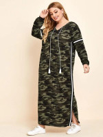 Women Plus Size Side Striped Tape Fringe Strap Hooded Camo Dress