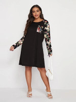 Women Plus Size Pocket Front Floral Print Raglan Sleeve Dress