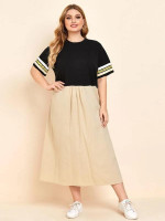 Women Plus Size Colorblock Striped Cuff Smock Dress