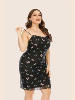Women Plus Size Butterfly Print Mesh Overlay Cami Dress