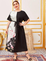Women Plus Size Drop Shoulder Floral Print Belted Colorblock Dress