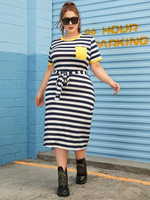 Women Plus Size Block Stripe Tie Waist Ringer Tee Dress