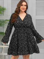 Women Plus Size Ditsy Floral Print Ruffle Hem A-line Dress