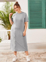 Women Plus Size Contrast Lace Hooded Tee Dress