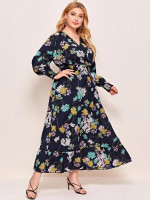 Women Plus Size Floral & Chain Print Shirred Waist A-line Dress
