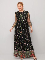 Women Plus Size Plant Embroidered Mesh Overlay Dress