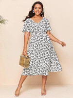 Women Plus Size Covered Button Front Shirred Waist Ditsy Floral Dress