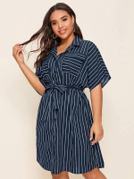 Women Plus Size Button Front Pocket Patched Belted Striped Dress