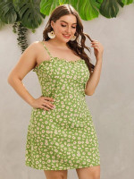 Women Plus Size Floral Print Frill Trim Cami Dress