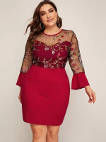 Women Plus Size Bell Sleeve Floral Embroidered Mesh Bodice Dress