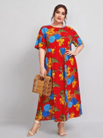 Women Plus Size Drop Shoulder Tropical Print Smock Dress