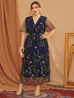 Women Plus Size Embroidery Mesh Overlay Surplice Front Dress