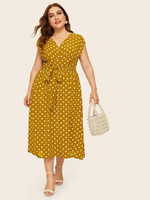 Women Plus Size Button Front Polka-dot Print Belted Dress