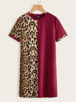 Women Plus Size Colorblock Leopard Panel Tee Dress