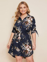 Women Plus Size Floral Print Belted Shirt Dress