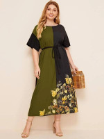 Women Plus Size Self Belted Colorblock Floral Print Dress
