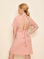 Women Plus Size Tie Back Backless Solid Fitted Dress