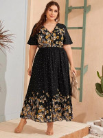 Women Plus Size Floral Embroidery Ruffle Hem Polka Dot Dress