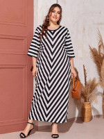 Women Plus Size Drop Shoulder Chevron Striped Dress