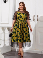 Women Plus Size Puff Sleeve Dobby Mesh Overlay Dress