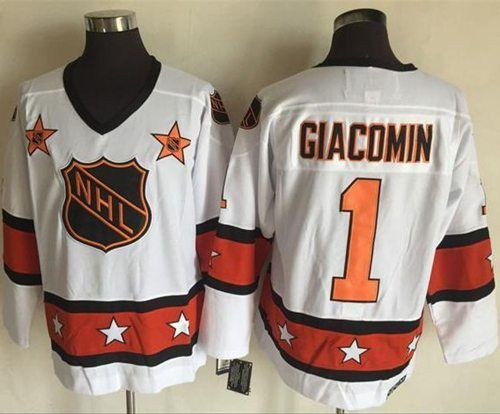 كراسي حمامات للبيع 1972-81 NHL All-Star #1 Eddie Giacomin White CCM Throwback Stitched Vintage Hockey Jersey ناص