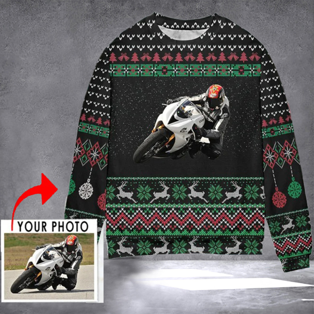 Personalized Photo Motorcycle Ugly Christmas Sweater Motorcycle Lover Xmas Clothing Gifts