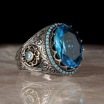 Bague islamique vintage de luxe style turque en zircon pierre bleu