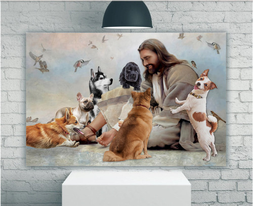 Christian Wall Art, Dogs Wall Art, God Surrounded By Dogs Angels Canvas, Gift For Dog Lovers