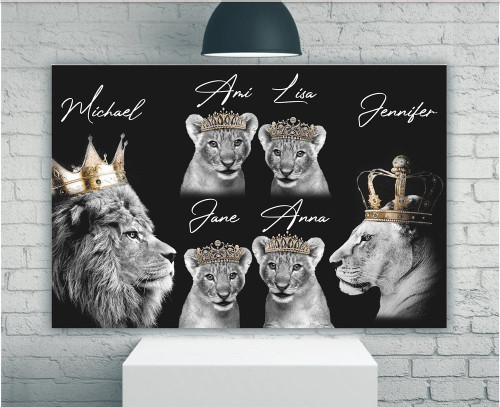 Lion Family Canvas, Custom Name Wall Art, King Queen And Princesses Canvas