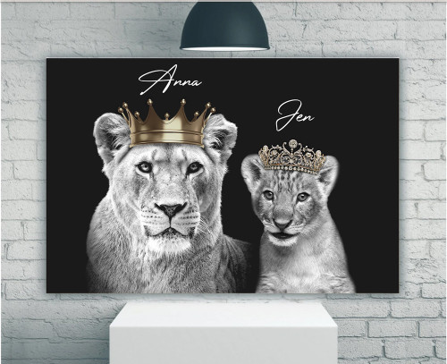 Lion Family Canvas, Custom Name Wall Art, Lioness And Female Cub Canvas
