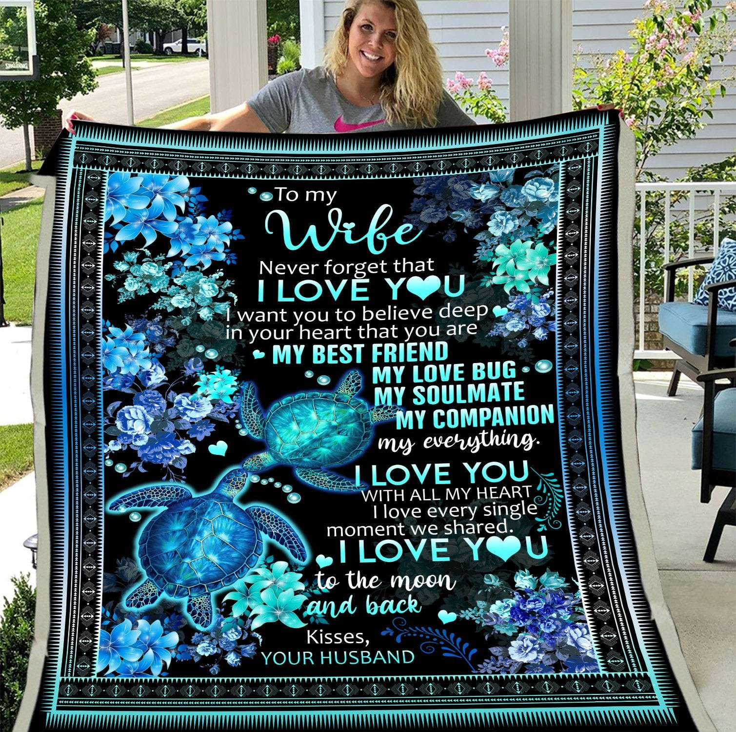 Personalized To My Wife Never Forget That I Love You Flowers Turtle Fleece Blanket