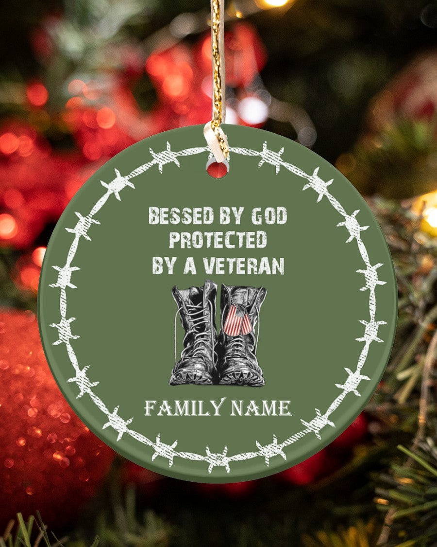 Veteran Ornament, Custom Name Ornament, Blessed By God Protected By A Veteran Circle Ornament (2 Sided) - ATMTEE