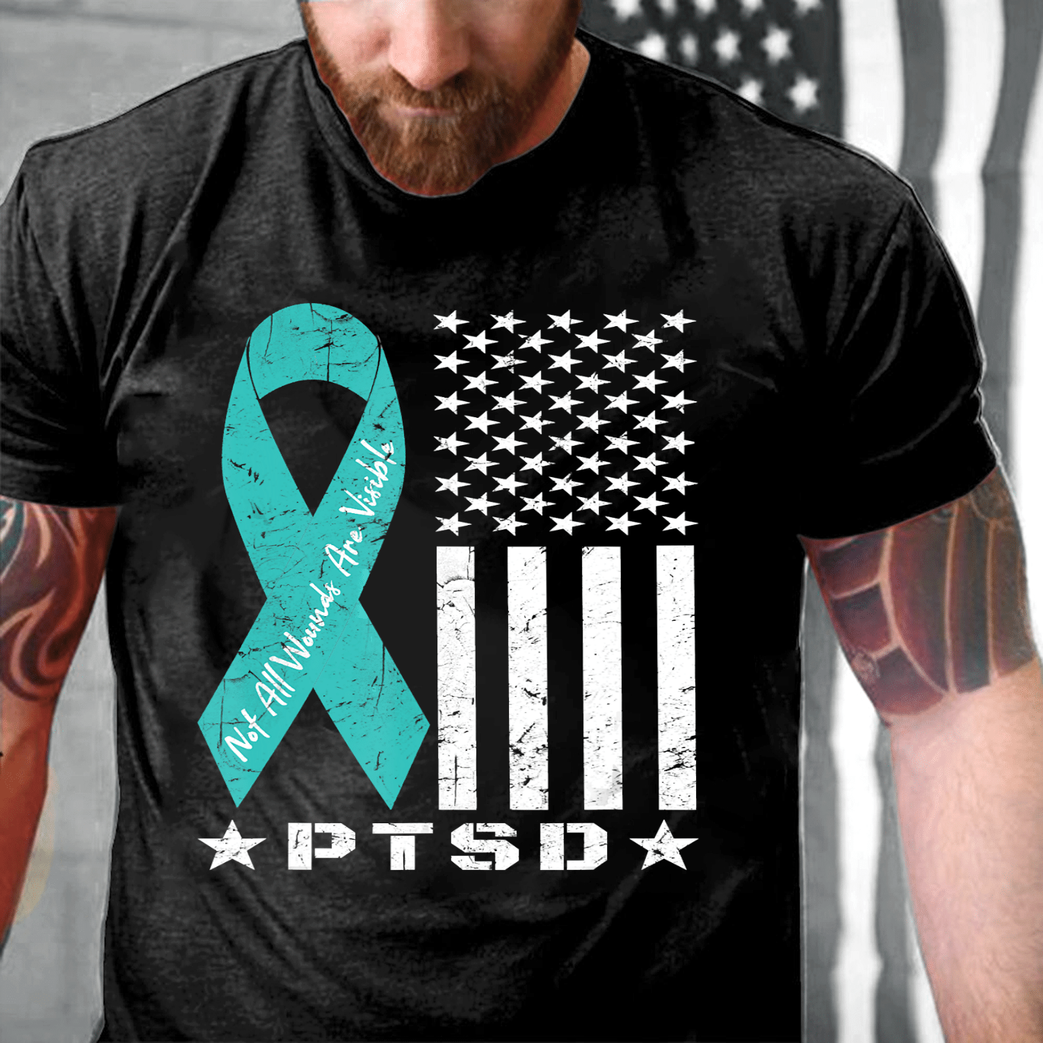 PTSD Awareness Veteran Not All Wounds Are Visible AR-15 Flag T-Shirt