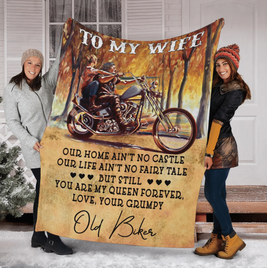 To My Biker Wife Our Home Ain't No Castle, Love Your Grumpy Fleece Blanket - ATMTEE