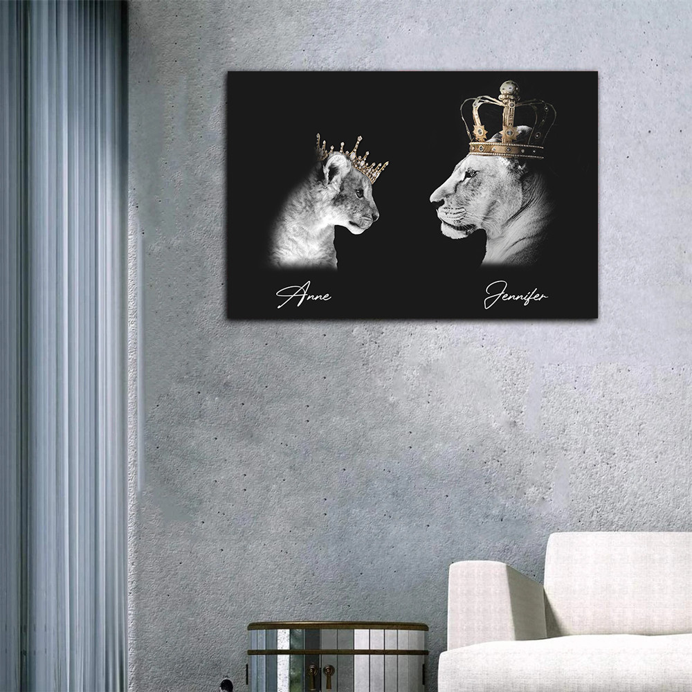 Personalized Lion Family Canvas, Custom Name Wall Art, Lioness And Female Cub Canvas