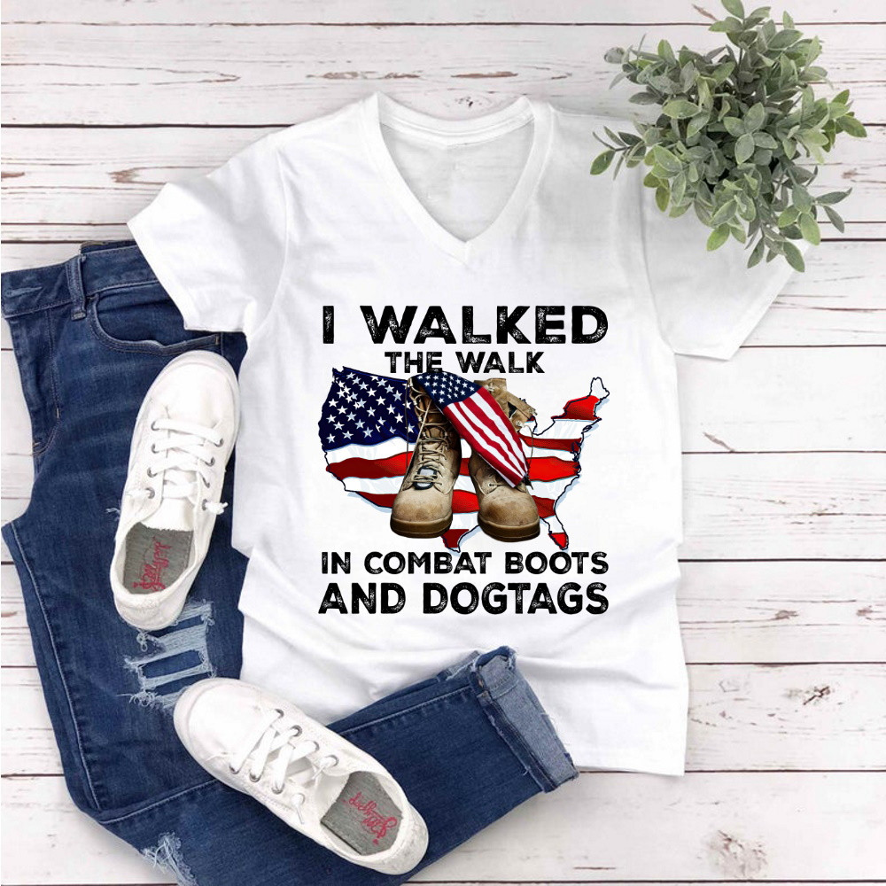 I Walked The Walk In Combat Boots And Dogtags Unisex V-Neck T-Shirt