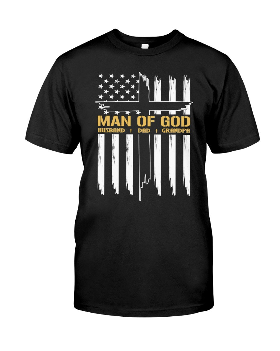 Man Of God, Husband Dad And Grandpa, Cross American Flag Jesus Christian T-Shirt