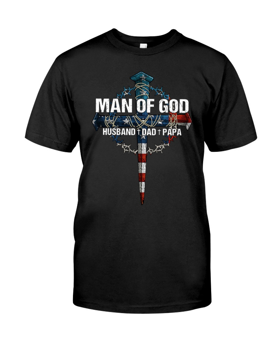 Man Of God Husband Dad Grandpa, Christian Cross American Flag T-Shirt