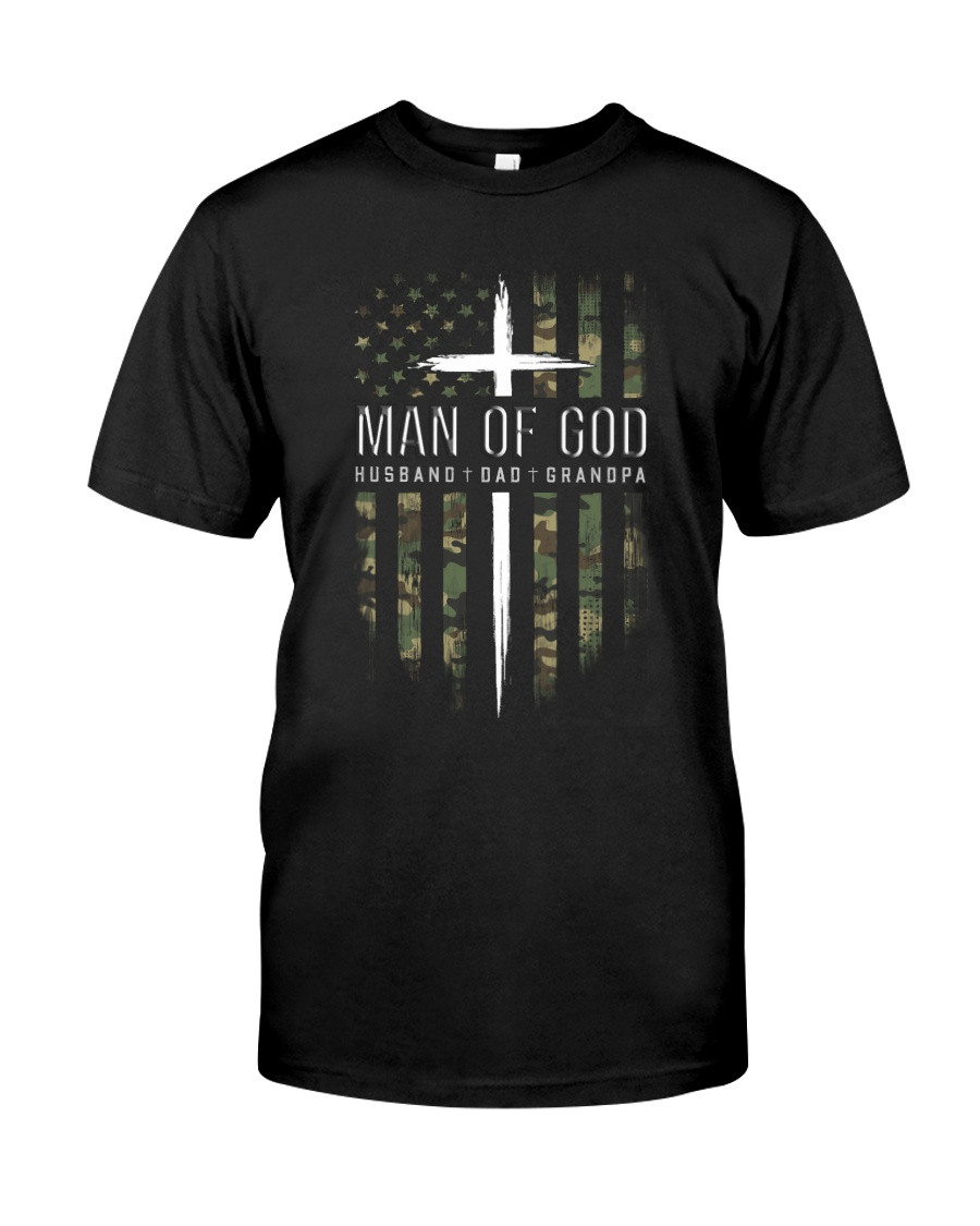 Man Of God Husband Dad Grandpapa Camo USA Flag T-Shirt