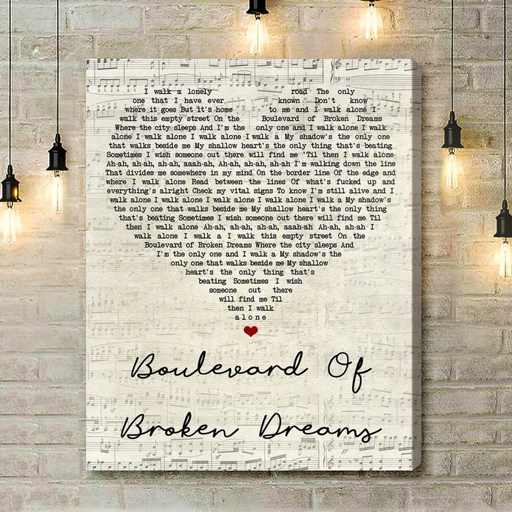Green Day Boulevard Of Broken Dreams Script Heart Song Lyric Art Print - Canvas Print Wall Art Home Decor