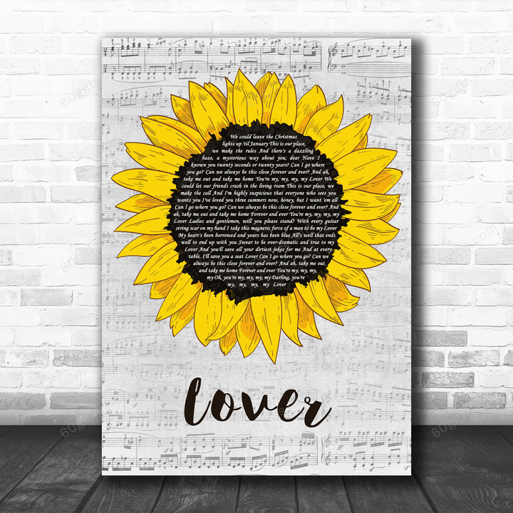 Taylor Swift Lover Grey Script Sunflower Decorative Art Gift Song Lyric Print - Canvas Print Wall Art Home Decor