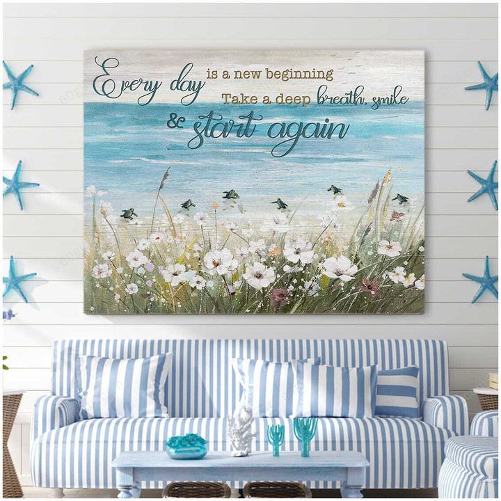 Housewarming Gifts Coastal Decor Everyday is a new beginning - Turtle And Beach Canvas Print Wall Art Home Decor