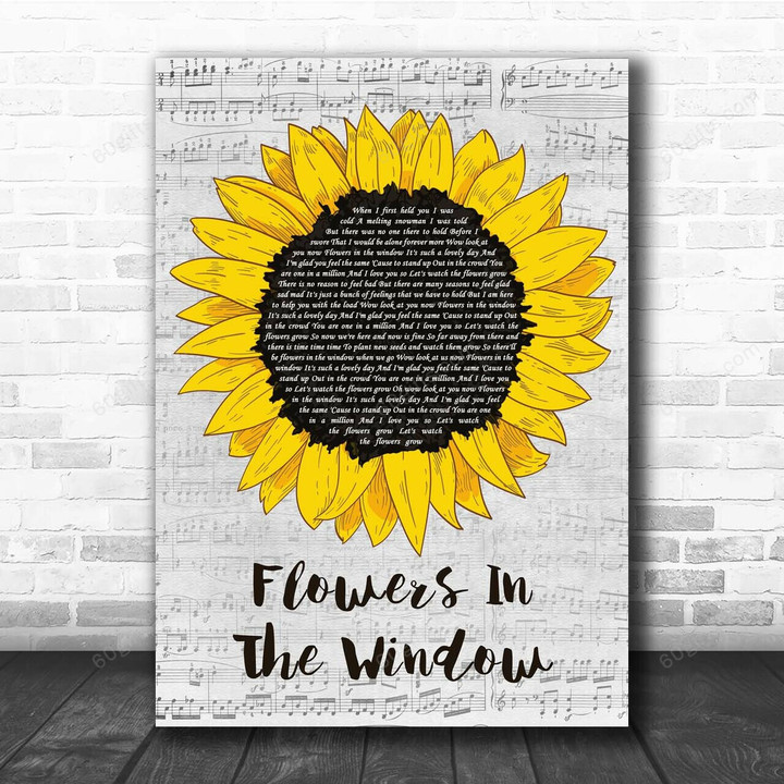 Travis Flowers In The Window Grey Script Sunflower Song Lyric Art Print - Canvas Print Wall Art Home Decor